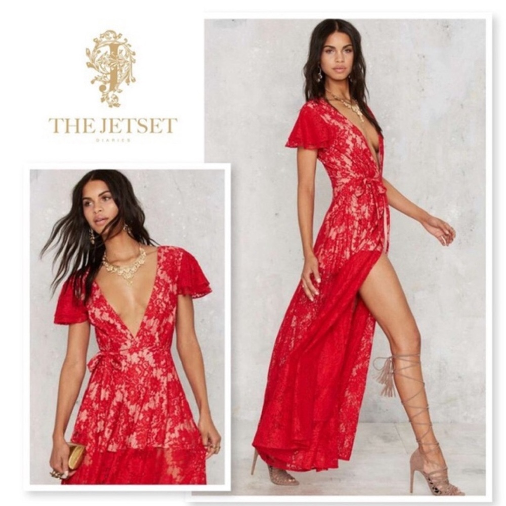The Jetset Diaries Piazza Red Lace Maxi Wrap Dress sz.M